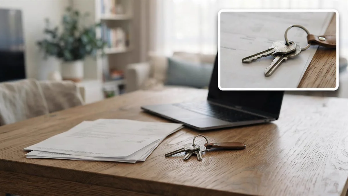A settlement statement and a set of keys on a table beside a laptop